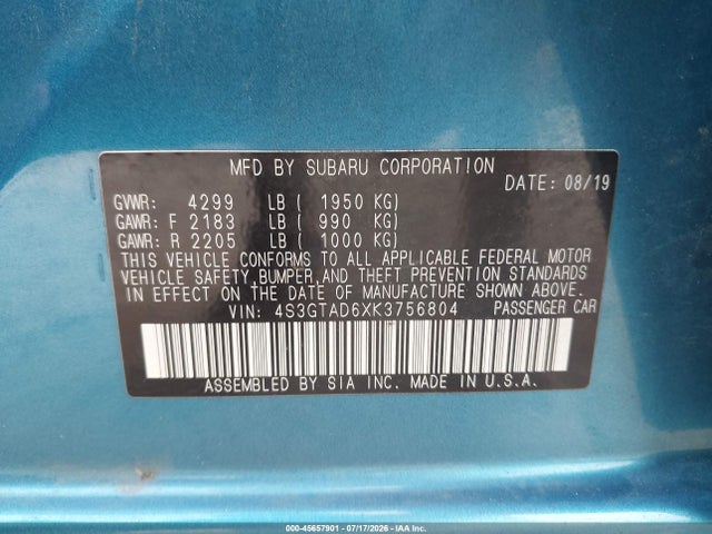 Продажа на аукционе авто 2019 Subaru Impreza 2.0i Premium, vin: 4S3GTAD6XK3756804, номер лота: 45657901