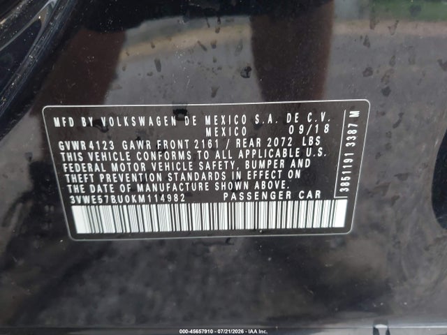 Aukcja sprzedaży 2019 Volkswagen Jetta 1.4t Sel, vin: 3VWE57BU0KM114982, numer aukcji: 45657910