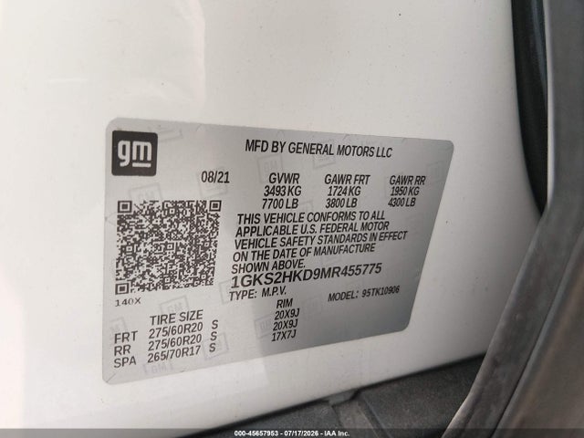 2021 Gmc Yukon Xl 4wd At4 მანქანა იყიდება აუქციონზე, vin: 1GKS2HKD9MR455775, აუქციონის ნომერი: 45657953