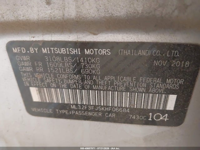 Продаж на аукціоні авто 2019 Mitsubishi Mirage G4 Es, vin: ML32F3FJ5KHF06684, номер лоту: 45657971