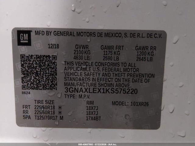 45657993 :رقم المزاد ، 3GNAXLEX1KS575220 vin ، 2019 Chevrolet Equinox Lt مزاد بيع