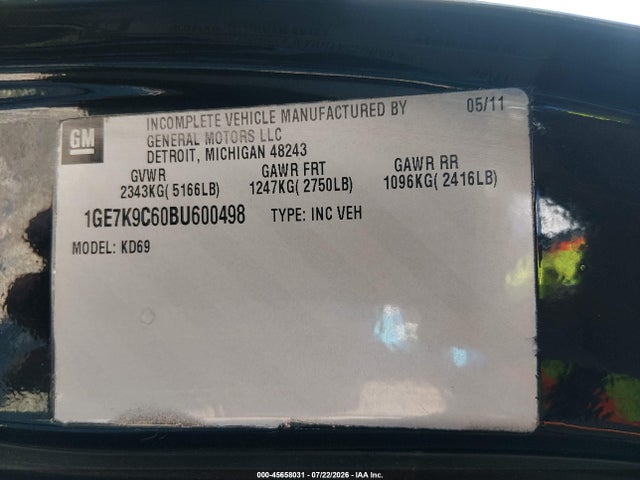 45658031 :رقم المزاد ، 1GE7K9C60BU600498 vin ، 2011 Cadillac Dts Professional Limousine مزاد بيع