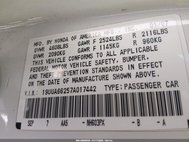 2007 Acura Tl 3.2 მანქანა იყიდება აუქციონზე, vin: 19UUA66257A017442, აუქციონის ნომერი: 45658039