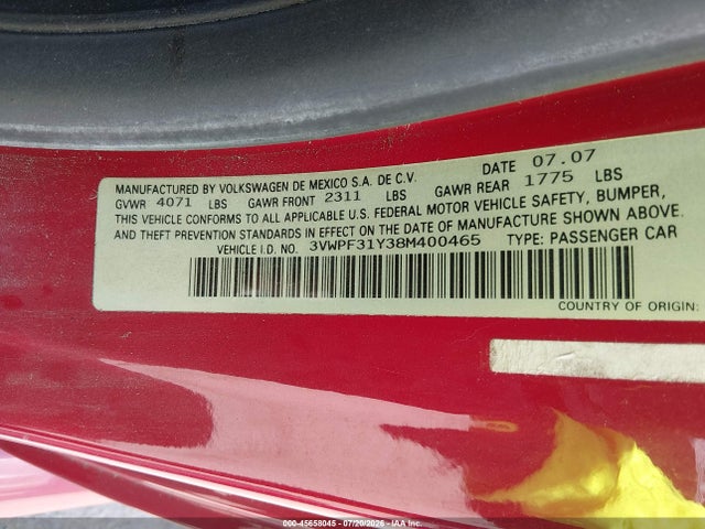 45658045 :رقم المزاد ، 3VWPF31Y38M400465 vin ، 2008 Volkswagen New Beetle S مزاد بيع