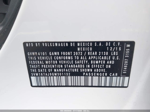 Продажа на аукционе авто 2016 Volkswagen Jetta 1.4t S, vin: 3VW167AJ9GM301132, номер лота: 45658055
