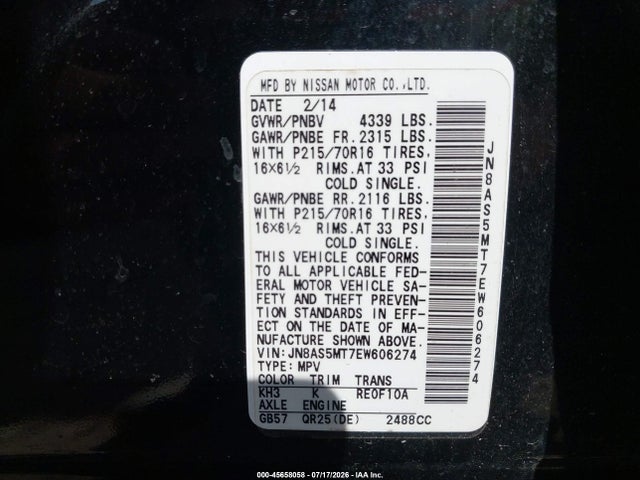 Aukcja sprzedaży 2014 Nissan Rogue Select S, vin: JN8AS5MT7EW606274, numer aukcji: 45658058