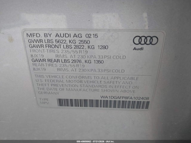 Продаж на аукціоні авто 2015 Audi Q5 3.0t Premium Plus, vin: WA1DGAFP8FA102408, номер лоту: 45658062