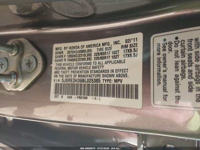 Aukcja sprzedaży 2011 Honda Cr-v Lx, vin: 5J6RE3H39BL025385, numer aukcji: 45658078