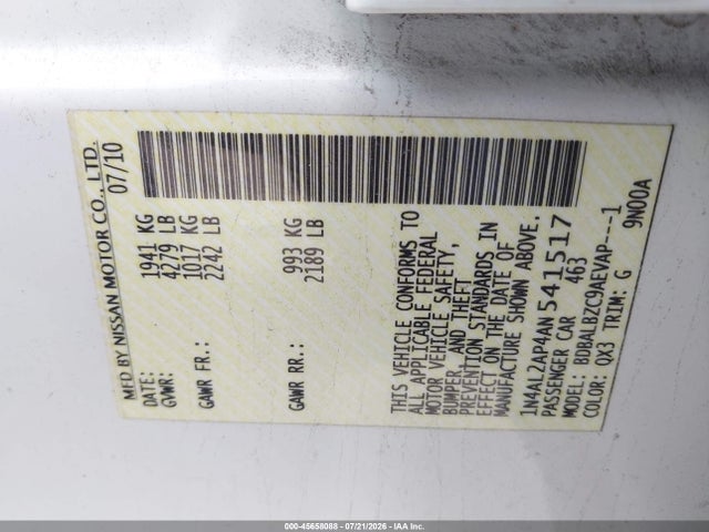 Продажа на аукционе авто 2010 Nissan Altima 2.5 S, vin: 1N4AL2AP4AN541517, номер лота: 45658088