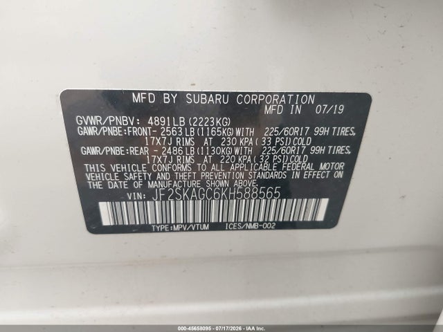 45658095 :رقم المزاد ، JF2SKAGC6KH588565 vin ، 2019 Subaru Forester Premium مزاد بيع