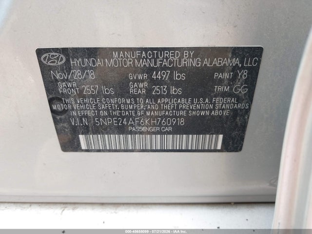 Продаж на аукціоні авто 2019 Hyundai Sonata Se, vin: 5NPE24AF6KH760918, номер лоту: 45658099