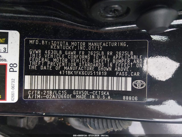 2012 Toyota Camry Se V6 მანქანა იყიდება აუქციონზე, vin: 4T1BK1FK6CU511819, აუქციონის ნომერი: 45658134