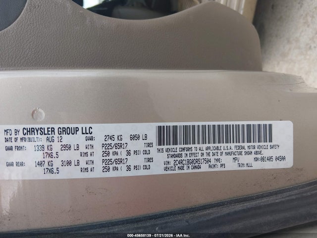 45658139 :رقم المزاد ، 2C4RC1BG0DR517504 vin ، 2013 Chrysler Town & Country Touring مزاد بيع
