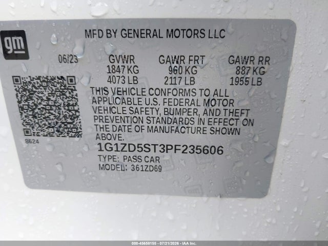 45658155 :رقم المزاد ، 1G1ZD5ST3PF235606 vin ، 2023 Chevrolet Malibu Fwd 1lt مزاد بيع