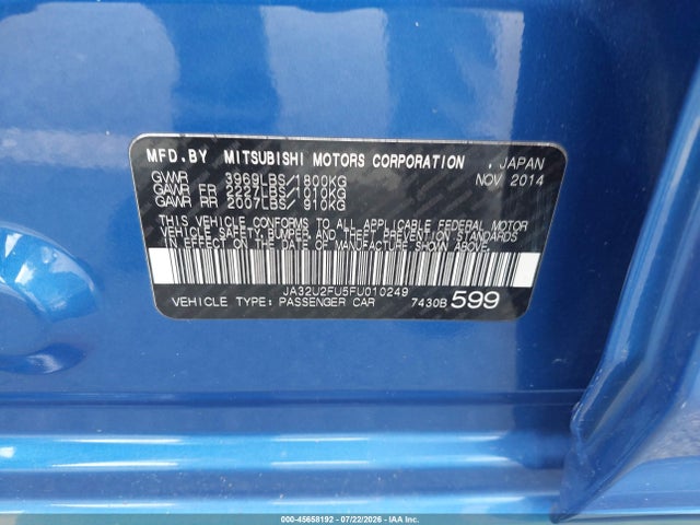 45658192 :رقم المزاد ، JA32U2FU5FU010249 vin ، 2015 Mitsubishi Lancer Es مزاد بيع