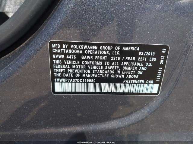 Aukcja sprzedaży 2013 Volkswagen Passat 2.5l Se, vin: 1VWBP7A37DC119980, numer aukcji: 45658201