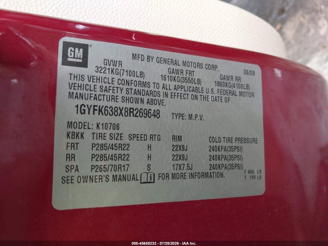 Продажа на аукционе авто 2008 Cadillac Escalade, vin: 1GYFK638X8R269648, номер лота: 45658232