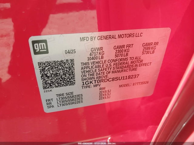 45658255 :رقم المزاد ، 1GKT0RDC8SU118237 vin ، 2025 Gmc Hummer Ev Suv 3x E4wd مزاد بيع