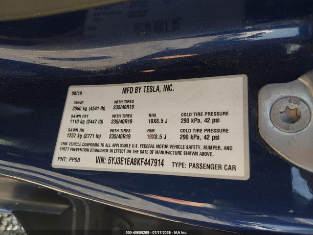 45658269 :رقم المزاد ، 5YJ3E1EA8KF447914 vin ، 2019 Tesla Model 3 Long Range/mid Range/standard Range/standard Range Plus مزاد بيع