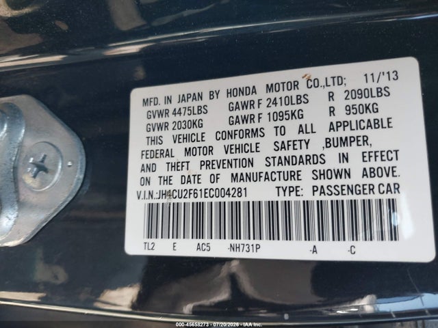 45658273 :رقم المزاد ، JH4CU2F61EC004281 vin ، 2014 Acura Tsx 2.4 مزاد بيع