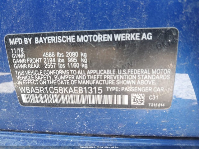 45658288 :رقم المزاد ، WBA5R1C58KAE81315 vin ، 2019 Bmw 330i مزاد بيع