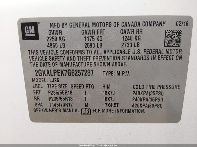 Aukcja sprzedaży 2016 Gmc Terrain Slt, vin: 2GKALPEK7G6257287, numer aukcji: 45658290