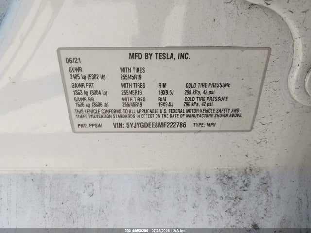 Aukcja sprzedaży 2021 Tesla Model Y Long Range Dual Motor All-wheel Drive, vin: 5YJYGDEE8MF222786, numer aukcji: 45658295