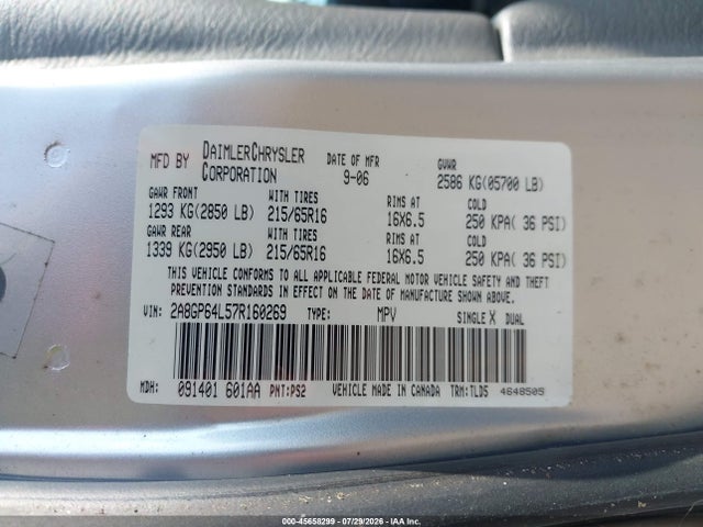 Продажа на аукционе авто 2007 Chrysler Town & Country Limited, vin: 2A8GP64L57R160269, номер лота: 45658299