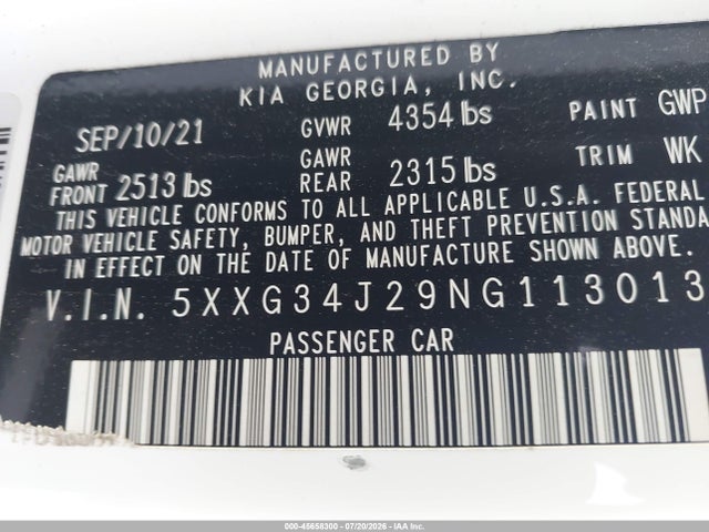 Продаж на аукціоні авто 2022 Kia K5 Ex, vin: 5XXG34J29NG113013, номер лоту: 45658300