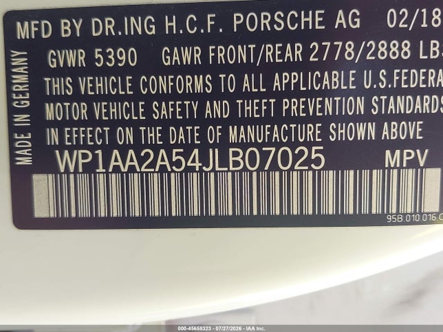 Aukcja sprzedaży 2018 Porsche Macan, vin: WP1AA2A54JLB07025, numer aukcji: 45658323