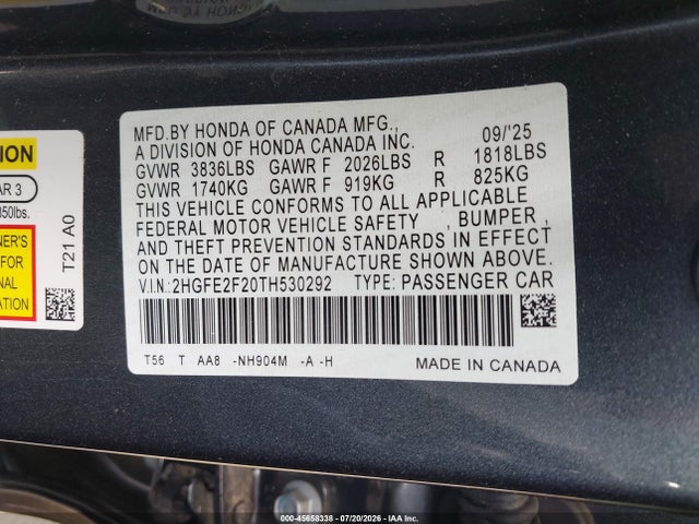 Продажа на аукционе авто 2026 Honda Civic Lx, vin: 2HGFE2F20TH530292, номер лота: 45658338