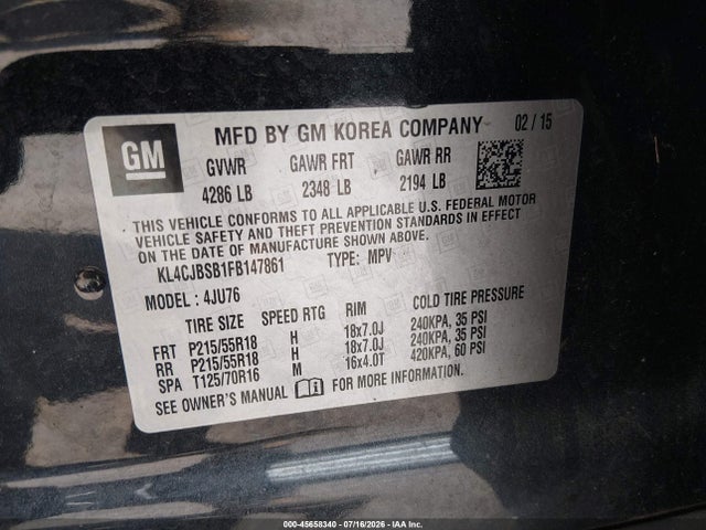 2015 Buick Encore Convenience მანქანა იყიდება აუქციონზე, vin: KL4CJBSB1FB147861, აუქციონის ნომერი: 45658340