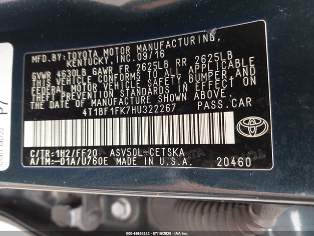 2017 Toyota Camry Se მანქანა იყიდება აუქციონზე, vin: 4T1BF1FK7HU322267, აუქციონის ნომერი: 45658343