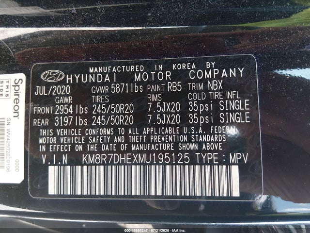 Aukcja sprzedaży 2021 Hyundai Palisade Calligraphy, vin: KM8R7DHEXMU195125, numer aukcji: 45658347