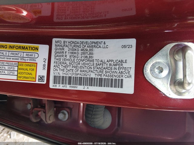Продажа на аукционе авто 2023 Honda Accord Hybrid Sport, vin: 1HGCY2F59PA035212, номер лота: 45658359
