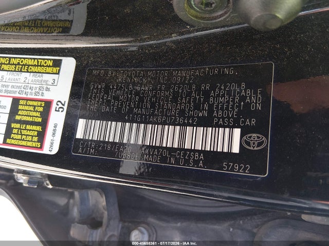 45658361 :رقم المزاد ، 4T1G11AK6PU736442 vin ، 2023 Toyota Camry Se مزاد بيع