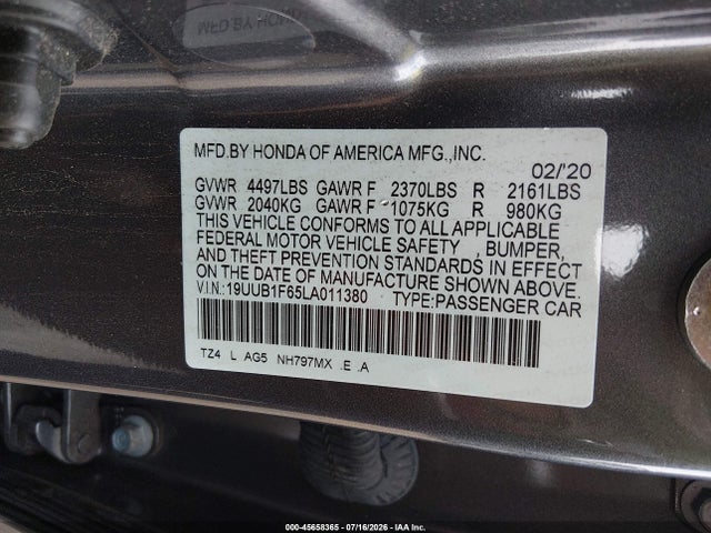 45658365 :رقم المزاد ، 19UUB1F65LA011380 vin ، 2020 Acura Tlx A-spec/a-spec W/red Leather مزاد بيع