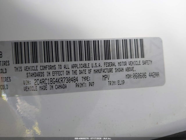 Aukcja sprzedaży 2019 Chrysler Pacifica Touring L, vin: 2C4RC1BG4KR730484, numer aukcji: 45658376