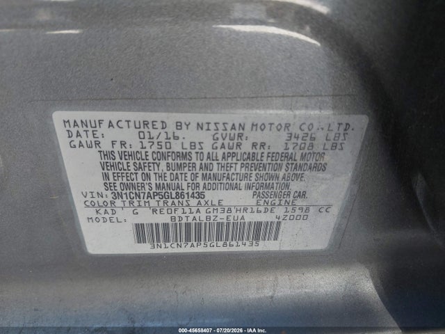 Aukcja sprzedaży 2016 Nissan Versa 1.6 S/1.6 S+/1.6 Sl/1.6 Sv, vin: 3N1CN7AP5GL861435, numer aukcji: 45658407