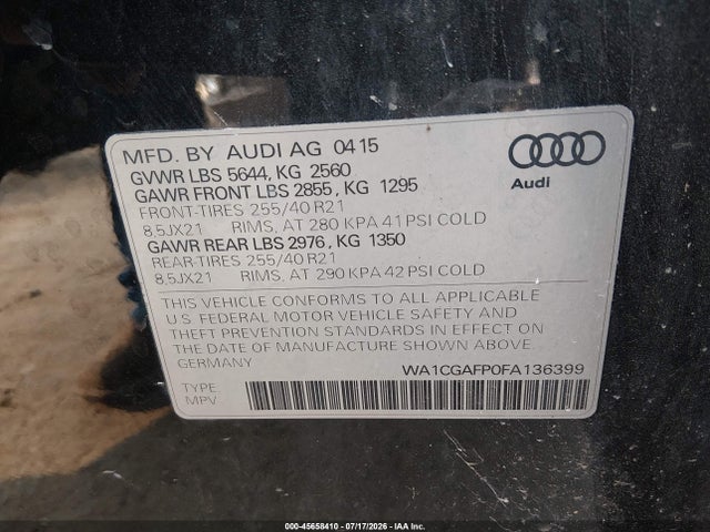 Aukcja sprzedaży 2015 Audi Sq5 3.0t Premium Plus, vin: WA1CGAFP0FA136399, numer aukcji: 45658410