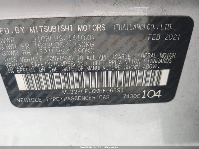 45658422 :رقم المزاد ، ML32FUFJ6MHF06394 vin ، 2021 Mitsubishi Mirage G4 Es مزاد بيع