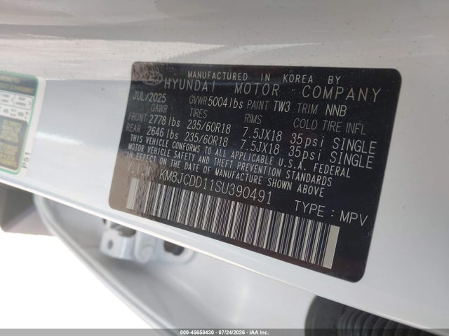 Aukcja sprzedaży 2025 Hyundai Tucson Hybrid Sel Convenience, vin: KM8JCDD11SU390491, numer aukcji: 45658430