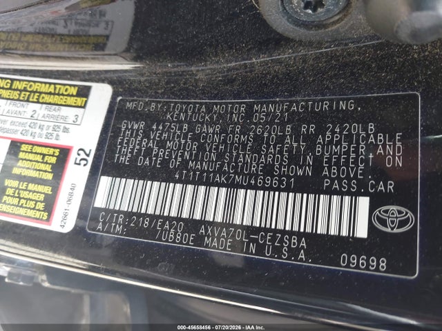 Продажа на аукционе авто 2021 Toyota Camry Se, vin: 4T1T11AK7MU469631, номер лота: 45658456