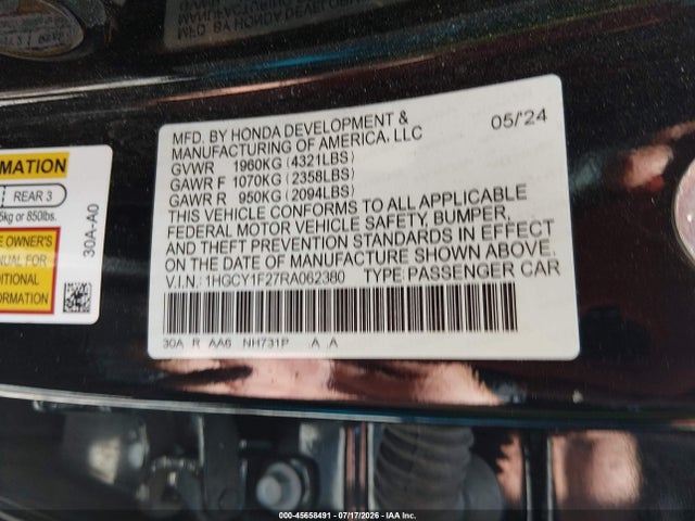 Aukcja sprzedaży 2024 Honda Accord Lx, vin: 1HGCY1F27RA062380, numer aukcji: 45658491