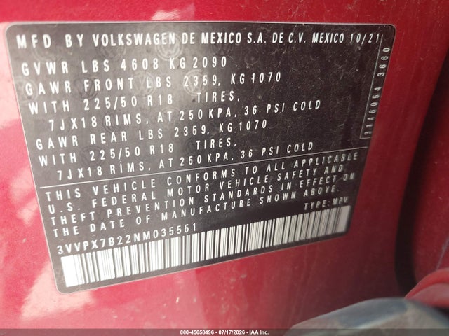 2022 Volkswagen Taos 1.5t Se მანქანა იყიდება აუქციონზე, vin: 3VVPX7B22NM035551, აუქციონის ნომერი: 45658496
