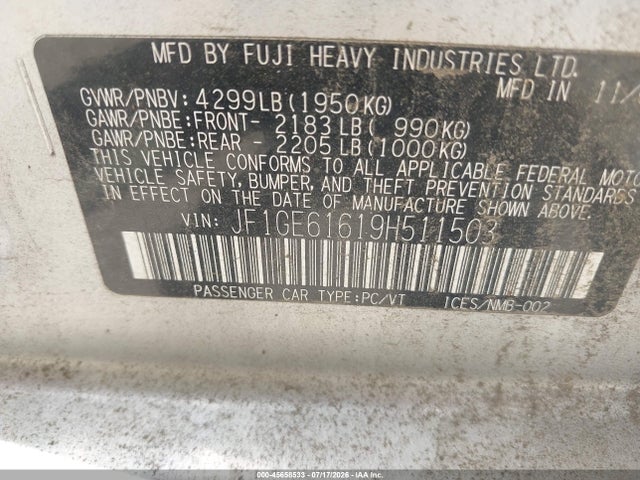 45658533 :رقم المزاد ، JF1GE61619H511503 vin ، 2009 Subaru Impreza 2.5i مزاد بيع