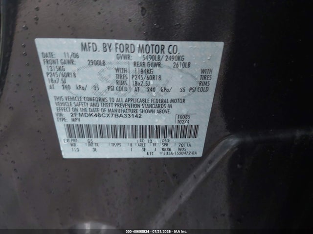2007 Ford Edge Sel მანქანა იყიდება აუქციონზე, vin: 2FMDK48CX7BA33142, აუქციონის ნომერი: 45658534