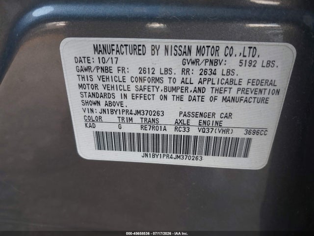 Продажа на аукционе авто 2018 Infiniti Q70l 3.7x Luxe, vin: JN1BY1PR4JM370263, номер лота: 45658536