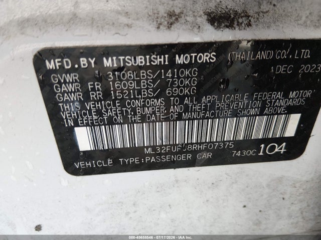 Продажа на аукционе авто 2024 Mitsubishi Mirage G4 Es, vin: ML32FUFJ8RHF07375, номер лота: 45658546