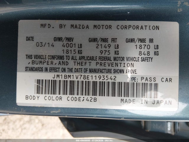 45658550 :رقم المزاد ، JM1BM1V78E1193542 vin ، 2014 Mazda Mazda3 I Touring مزاد بيع